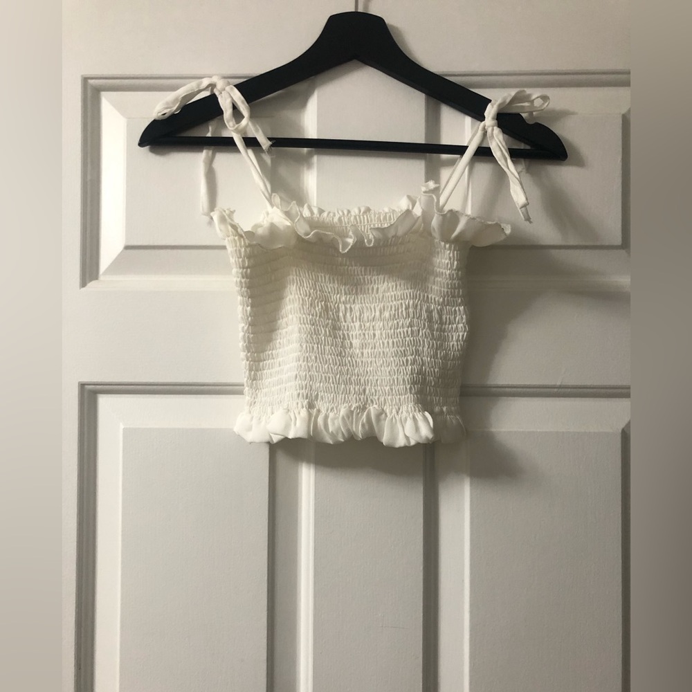 White ruffle tie crop tank